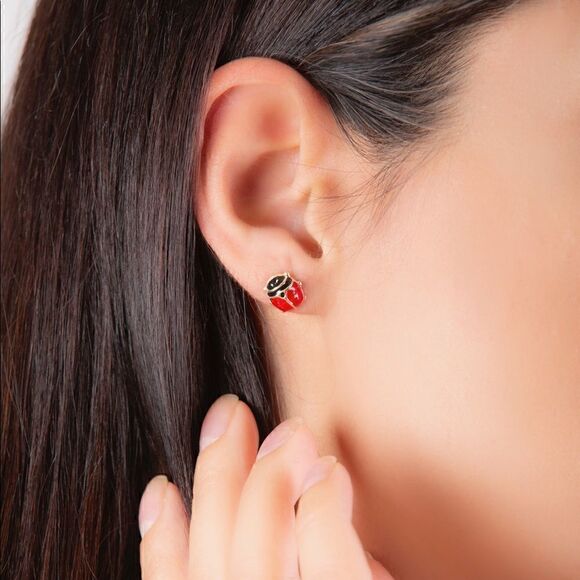 14k Solid Gold Ladybird Earrings | Enamel Jewelry | Everyday Jewelry | Birthday - Picture 2 of 7